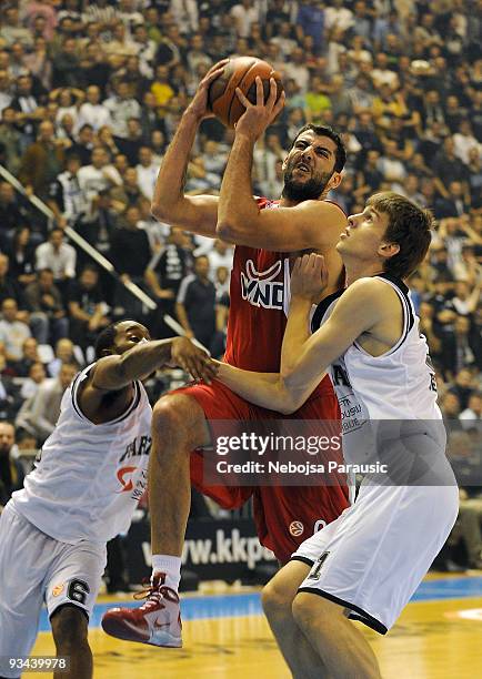 Ioannis Bourousis, #9 of Olympiacos Piraeus in action during the Euroleague Basketball Regular Season 2009-2010 Game Day 5 between Partizan Belgrade...