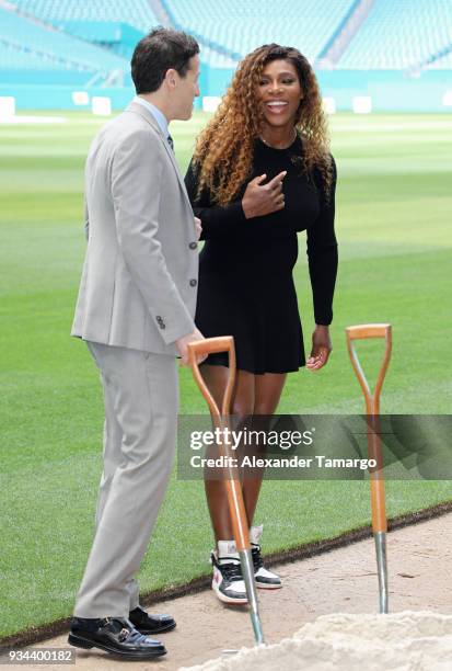 Mark Shapiro and Serena Williams are seen at the 2018 Miami Open Hard Rock Stadium Ground Breaking Ceremony at Hard Rock Stadium on March 19, 2018 in...