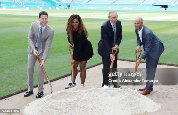 Mark Shapiro, Serena Williams, Stephen M. Ross and James Blake are seen at the 2018 Miami Open Hard Rock Stadium Ground Breaking Ceremony at Hard...