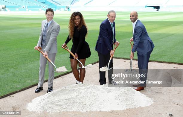 Mark Shapiro, Serena Williams, Stephen M. Ross and James Blake are seen at the 2018 Miami Open Hard Rock Stadium Ground Breaking Ceremony at Hard...