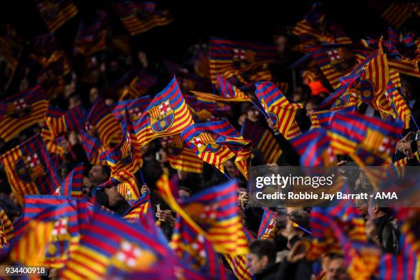 Fans of FC Barcelona wave flags prior to the UEFA Champions League Round of 16 Second Leg match FC Barcelona and Chelsea FC at Camp Nou on March 14,...