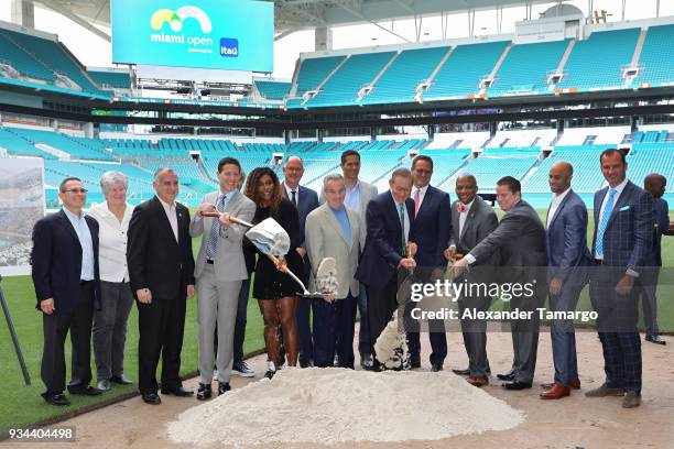 Mark Shapiro, Serena Williams, Stephen M. Ross and James Blake are seen at the 2018 Miami Open Hard Rock Stadium Ground Breaking Ceremony at Hard...