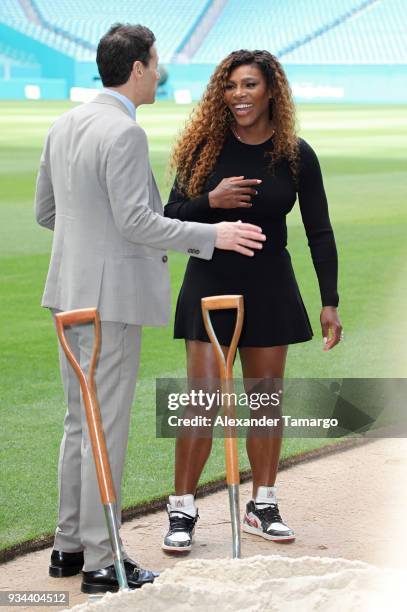 Mark Shapiro and Serena Williams are seen at the 2018 Miami Open Hard Rock Stadium Ground Breaking Ceremony at Hard Rock Stadium on March 19, 2018 in...