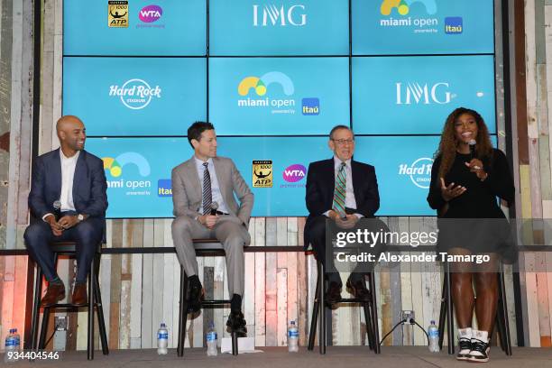 James Blake, Mark Shapiro, Stephen M. Ross and Serena Williams are seen at the 2018 Miami Open Hard Rock Stadium Ground Breaking Ceremony at Hard...