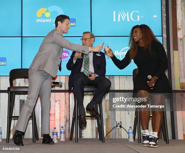 Mark Shapiro, Stephen M. Ross and Serena Williams are seen at the 2018 Miami Open Hard Rock Stadium Ground Breaking Ceremony at Hard Rock Stadium on...