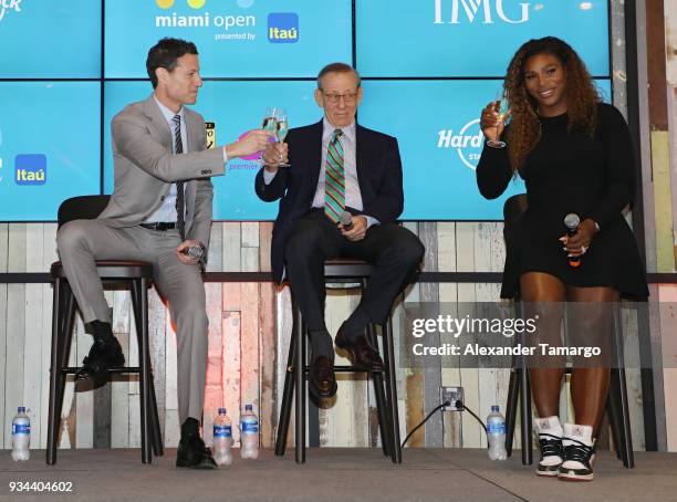 Mark Shapiro, Stephen M. Ross and Serena Williams are seen at the 2018 Miami Open Hard Rock Stadium Ground Breaking Ceremony at Hard Rock Stadium on...