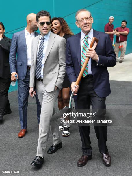 Mark Shapiro and Stephen M. Ross are seen at the 2018 Miami Open Hard Rock Stadium Ground Breaking Ceremony at Hard Rock Stadium on March 19, 2018 in...