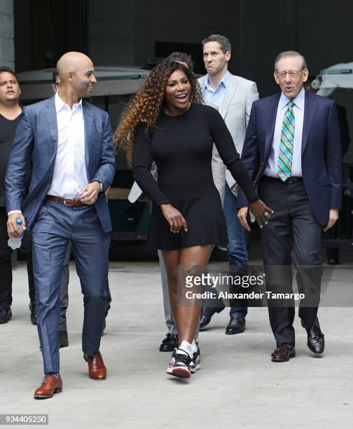 James Blake, Serena Williams and Stephen M. Ross are seen at the 2018 Miami Open Hard Rock Stadium Ground Breaking Ceremony at Hard Rock Stadium on...
