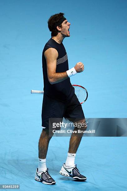 Juan Martin Del Potro of Argentina celebrates winning the match during the men's singles round robin match against Roger Federer of Switzerland...