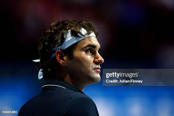 Roger Federer of Switzerland reacts during the men's singles round robin match against Juan Martin Del Potro of Argentina during the Barclays ATP...