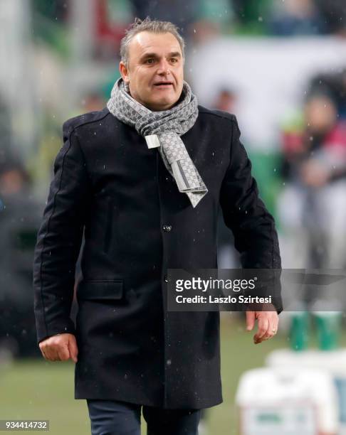 Head coach Attila Pinter of Puskas Akademia FC is glad about the score of his team during the Hungarian OTP Bank Liga match between Ferencvarosi TC...