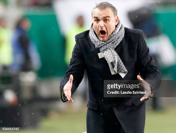 Head coach Attila Pinter of Puskas Akademia FC reacts during the Hungarian OTP Bank Liga match between Ferencvarosi TC and Puskas Akademia FC at...