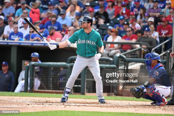 Kirk Nieuwenhuis of the Seattle Mariners gets ready in the batters box against the Texas Rangers during a spring training game at Surprise Stadium on...