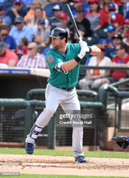 Kirk Nieuwenhuis of the Seattle Mariners gets ready in the batters box against the Texas Rangers during a spring training game at Surprise Stadium on...