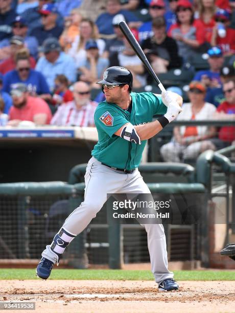 Kirk Nieuwenhuis of the Seattle Mariners gets ready in the batters box against the Texas Rangers during a spring training game at Surprise Stadium on...