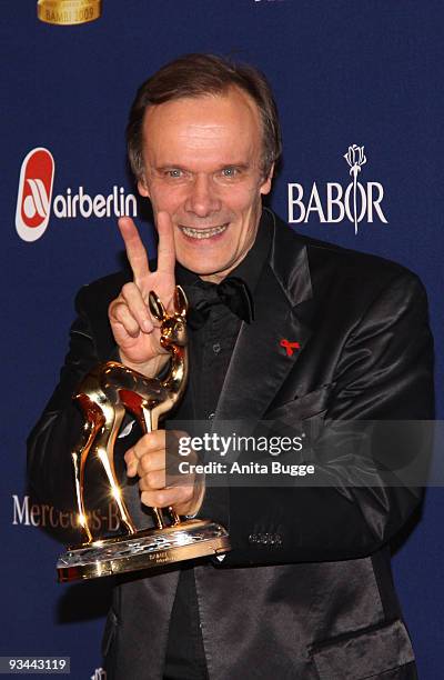 Actor Edgar Selge poses with the Bambi at the Bambi Awards 2009 at the Metropolis hall at Filmpark Babelsberg on November 26, 2009 in Potsdam,...