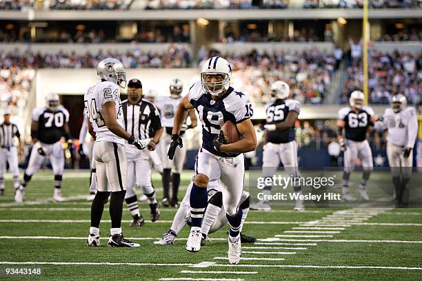 Wide receiver Miles Austin of the Dallas Cowboys runs for a touchdown that is called back against the Oakland Raiders at Cowboys Stadium on November...