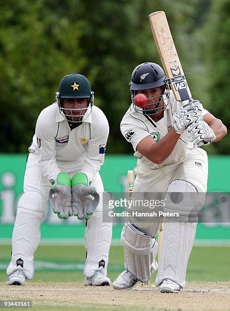 Ross Taylor of New Zealand drives the ball down the pitch during day four of the First Test match between New Zealand and Pakistan at University Oval...