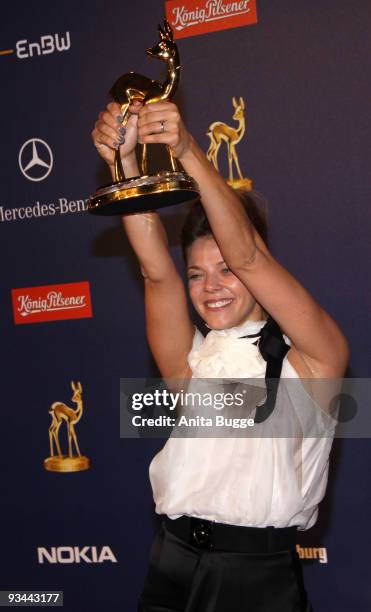 Actress Jessica Schwarz poses with the Bambi for 'Actress National' during the Bambi Awards 2009 Show at the Metropolis Hall at the Filmpark...