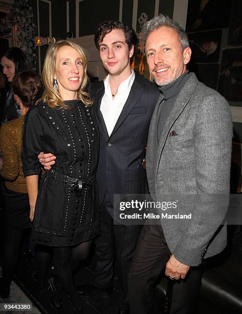 Sam Taylor-Wood, Aaron Johnson and Patrick Cox attend the After party for the London Premiere of 'Nowhere Boy' hosted by Quintessentially at The...