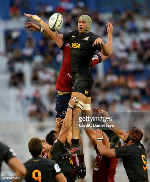 Matias Alemanno of Jaguares attempts to win a line up during a match between Jaguares and Reds as part of the fifth round of Super Rugby at Jose...