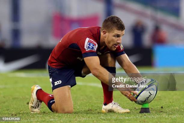 James Tuttle of Reds prepares for a free kick during a match between Jaguares and Reds as part of the fifth round of Super Rugby at Jose Amalfitani...