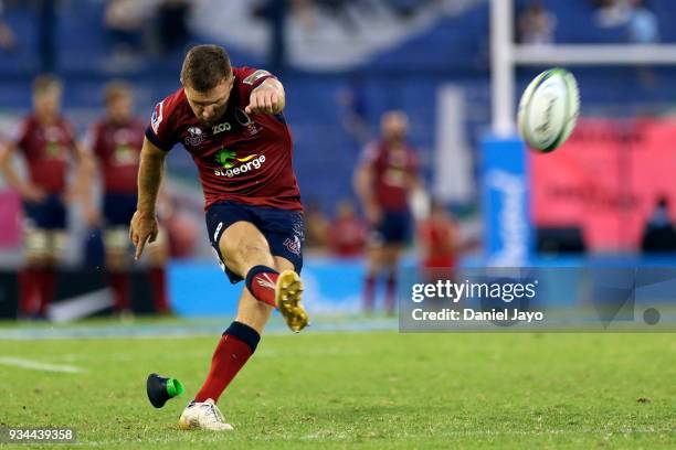 James Tuttle of Reds takes a penalty kick during a match between Jaguares and Reds as part of the fifth round of Super Rugby at Jose Amalfitani...