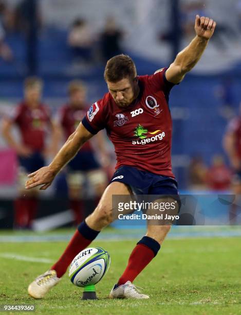 James Tuttle of Reds takes a penalty kick during a match between Jaguares and Reds as part of the fifth round of Super Rugby at Jose Amalfitani...
