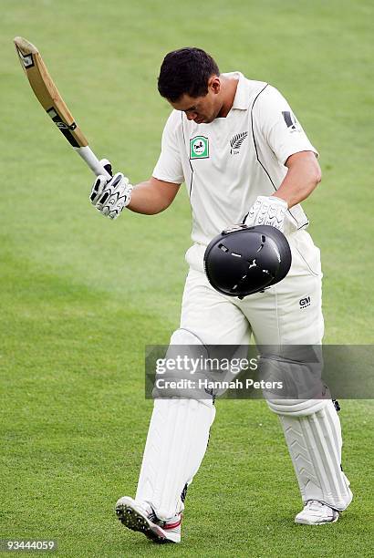 Ross Taylor of New Zealand walks off after being run out during day four of the First Test match between New Zealand and Pakistan at University Oval...