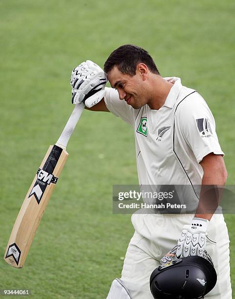 Ross Taylor of New Zealand walks off after being run out during day four of the First Test match between New Zealand and Pakistan at University Oval...