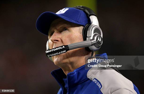 Head coach Tom Coughlin of the New York Giants looks on from the sidelines as he leads his team against the Denver Broncos during NFL action at...