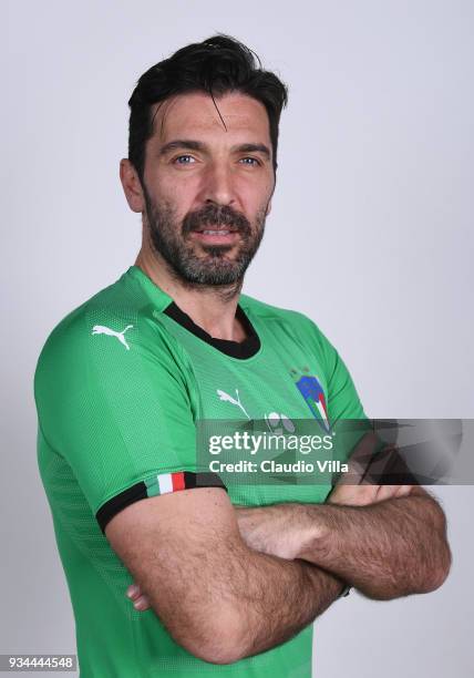 Gianluigi Buffon of Italy poses during the official portrait session at Centro Tecnico Federale of Coverciano on March 19, 2018 in Florence, Italy.