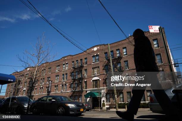 An apartment building formerly owned by the Kushner Companies, run by the family of White House senior adviser Jared Kushner, stands in the Astoria...