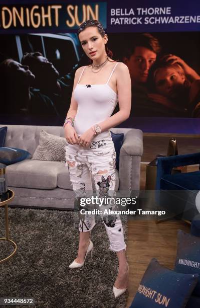 Bella Thorne is seen on the set of "Despierta America" at Univision Studios to promote the film "Midnight Sun" on March 19, 2018 in Miami, Florida.