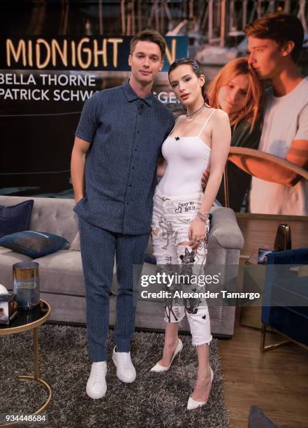 Patrick Schwarzenegger and Bella Thorne are seen on the set of "Despierta America" at Univision Studios to promote the film "Midnight Sun" on March...