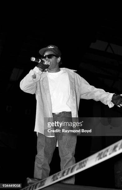 Rapper Eazy-E from N.W.A. Performs during the 'Straight Outta Compton' tour at the Mecca Arena in Milwaukee, Wisconsin in June 1989.