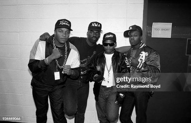 Dr. Dre, comedian T.K. Kirkland, rapper Eazy-E from N.W.A. And rapper Too Short poses for photos backstage during the 'Straight Outta Compton' tour...