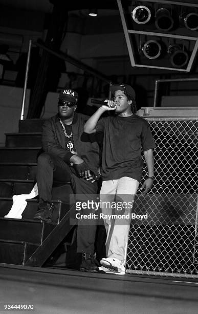 Rapper Laylaw from Above the Law and rapper Ice Cube from N.W.A. Performs during the 'Straight Outta Compton' tour at the U.I.C. Pavilion in Chicago,...