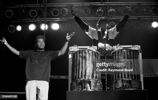 Rappers Ice Cube and Dr. Dre from N.W.A. Performs during the 'Straight Outta Compton' tour at the U.I.C. Pavilion in Chicago, Illinois in June 1989.