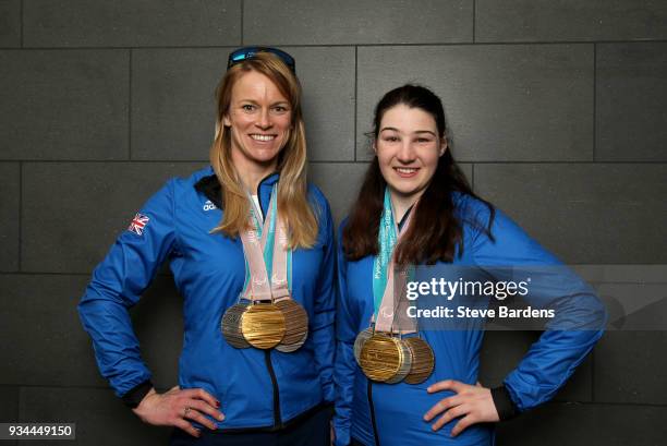 Medaliists Jen Kehoe and Menna Fitzpatrick pose with their respective medals as Team ParalympicsGB arrive back from the PyeongChang 2018 Paralympic...