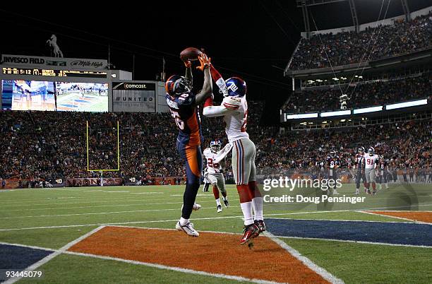 Corey Webster of the New York Giants breaks up a pass in the endzone intended for wide receiver Brandon Marshall of the Denver Broncos during NFL...