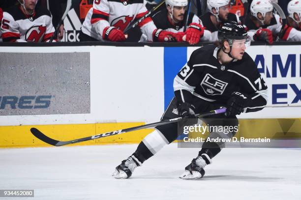 Tyler Toffoli of the Los Angeles Kings skates on ice during a game against the New Jersey Devils at STAPLES Center on March 17, 2018 in Los Angeles,...