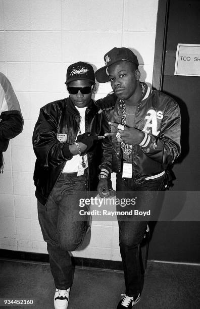 Rappers Eazy-E from N.W.A. And rapper Too Short poses for photos backstage during the 'Straight Outta Compton' tour at Market Square Arena in...