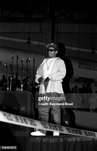 Rapper Eazy-E from N.W.A. Performs during the 'Straight Outta Compton' tour at the U.I.C. Pavilion in Chicago, Illinois in June 1989.