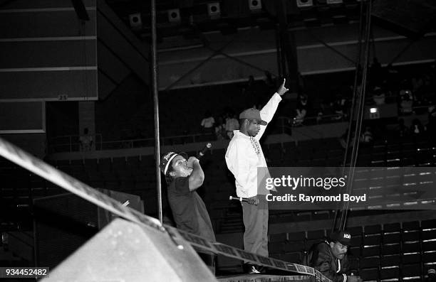 Rappers Ice Cube and MC Ren from N.W.A. Performs during the 'Straight Outta Compton' tour at the Mecca Arena in Milwaukee, Wisconsin in June 1989.