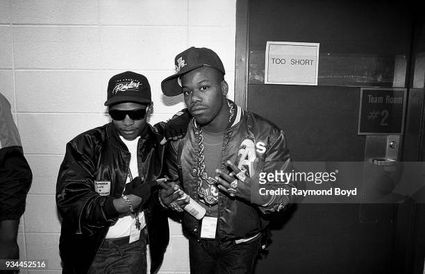 Rappers Eazy-E from N.W.A. And rapper Too Short poses for photos backstage during the 'Straight Outta Compton' tour at Market Square Arena in...