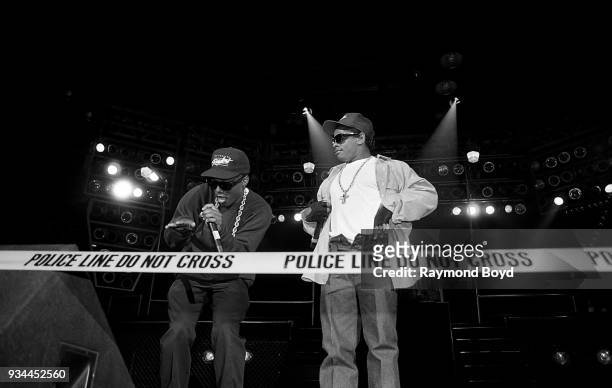 Rappers MC Ren and Eazy-E from N.W.A. Performs during the 'Straight Outta Compton' tour at the U.I.C. Pavilion in Chicago, Illinois in June 1989.
