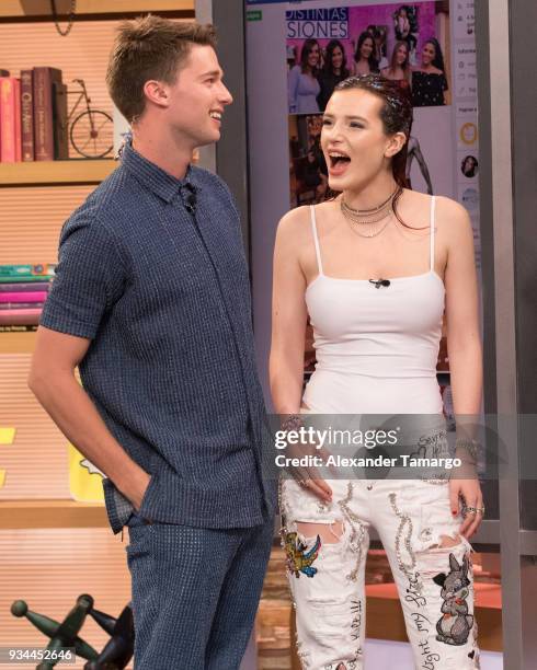 Patrick Schwarzenegger and Bella Thorne are seen on the set of "Despierta America" at Univision Studios to promote the film "Midnight Sun" on March...