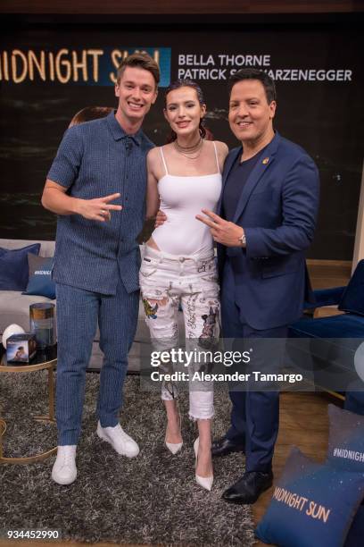 Patrick Schwarzenegger, Bella Thorne and Raul Gonzalez are seen on the set of "Despierta America" at Univision Studios to promote the film "Midnight...