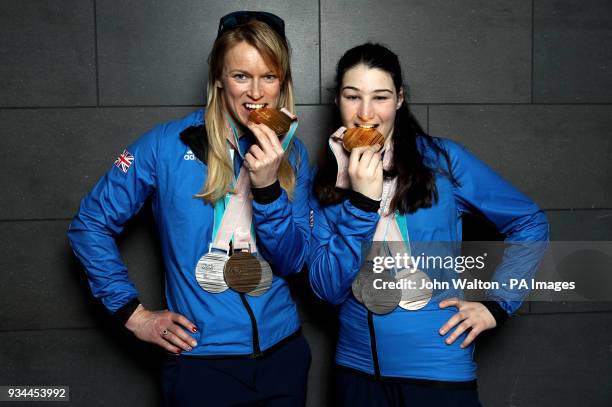 ParalympicsGB's Menna Fitzpatrick and her guide Jennifer Kehoe with their Gold, 2 Silver and Bronze medals as the team arrive at Heathrow Airport,...